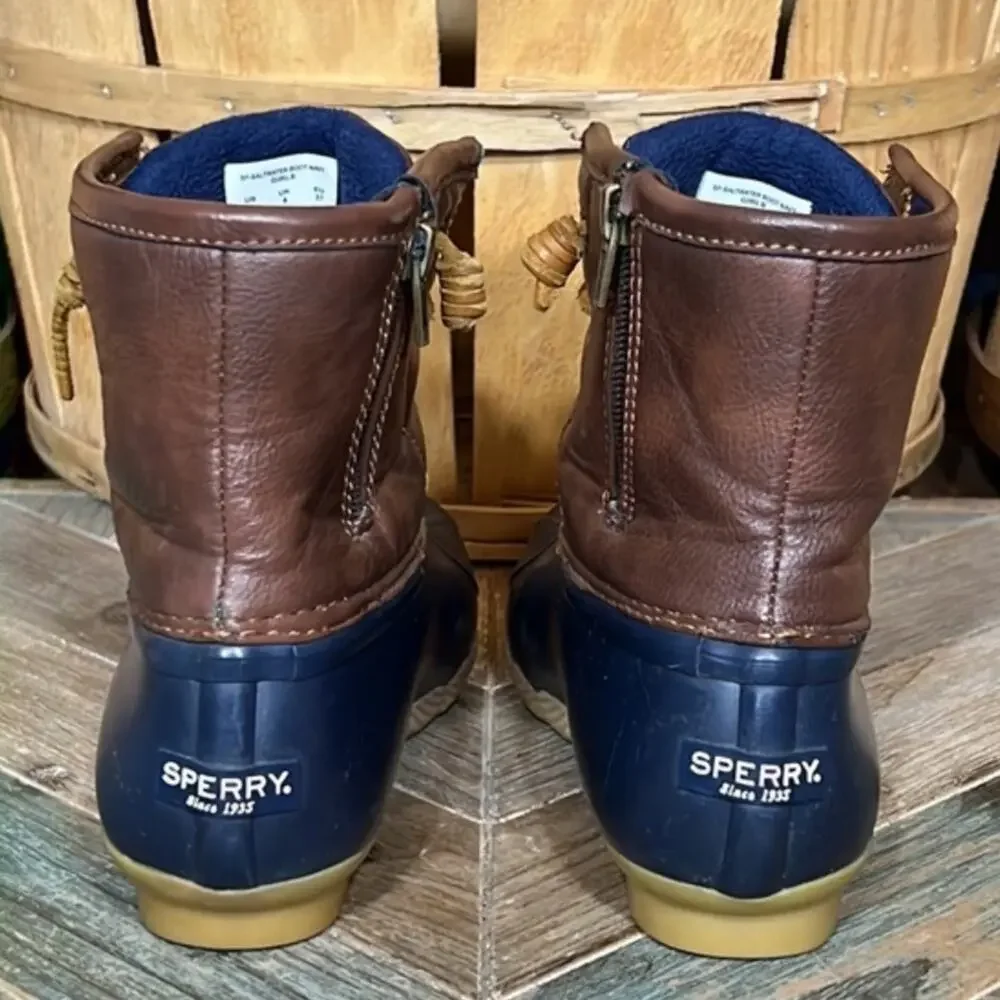 Sperry Saltwater Navy Brown Leather Rubber Waterproof Duck Boots Girls Size 5